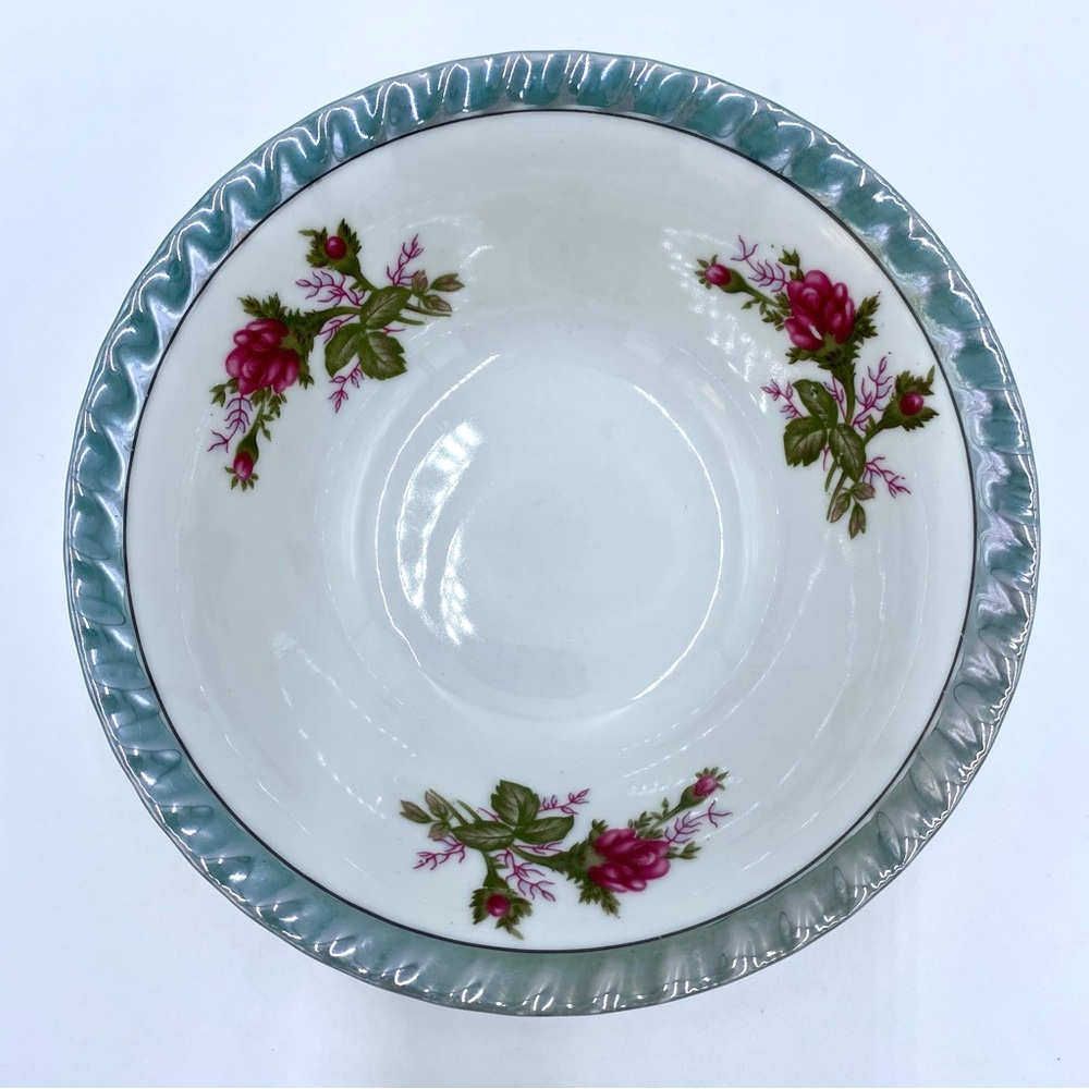 Vintage Yamatsu Japan Blue Lusterware Trim Pink Rose Floral Cereal Soup Bowl 7"